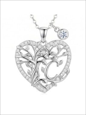 Tree of Life Initial C Necklace White Gold Finish CZ Pendant Hypoallergenic